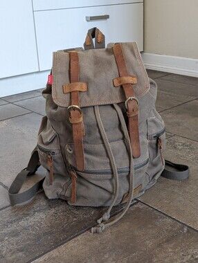Augur Canvas Leather Trim Distressed Vintage Vibes Laptop Travel Backpack Khaki